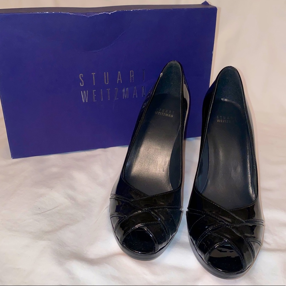 Stuart Weizmann Black Patent Open Toe Heels.